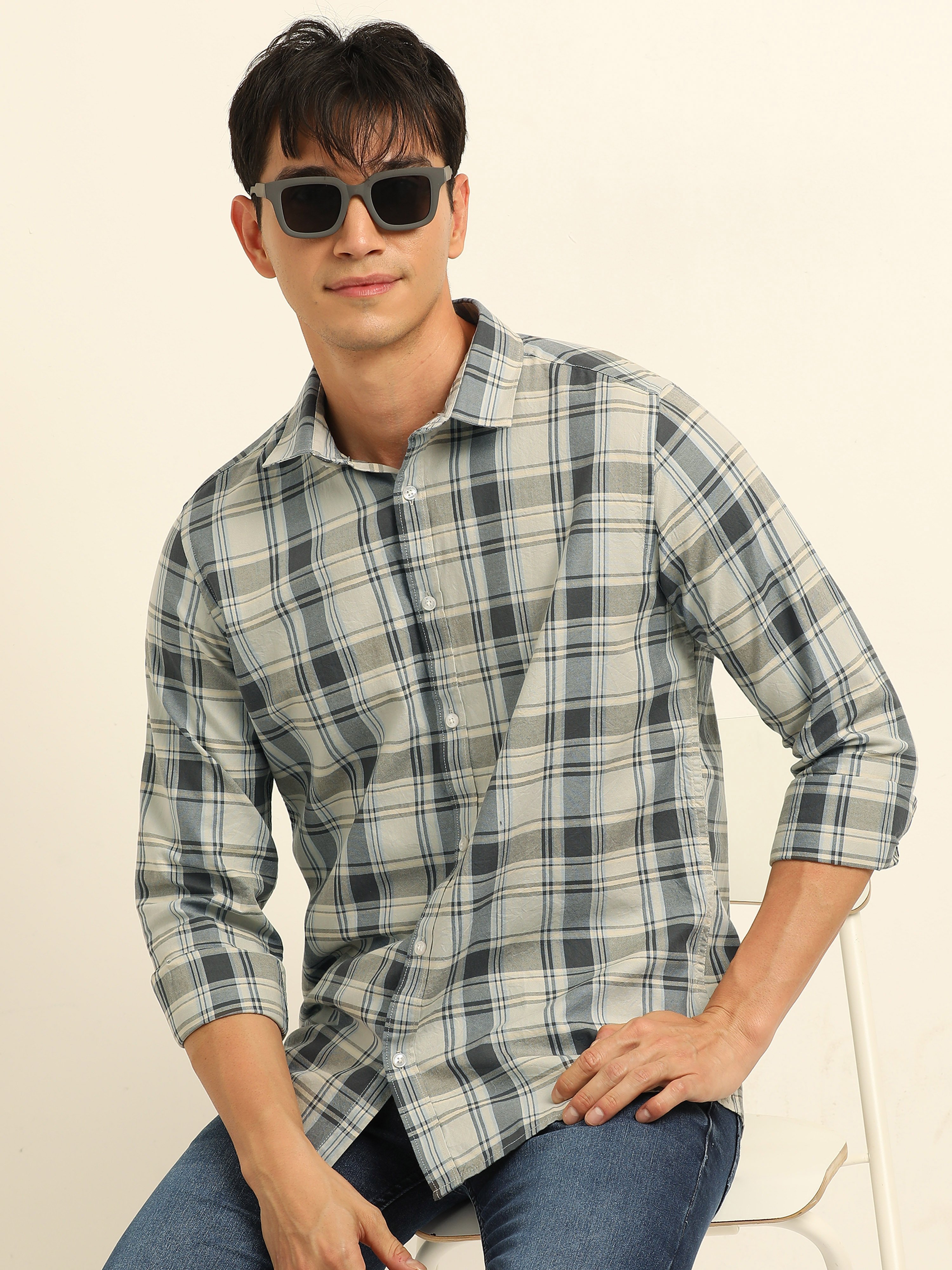 Multi-Color Bushirt Regular Fit Check Long Sleeves Shirt