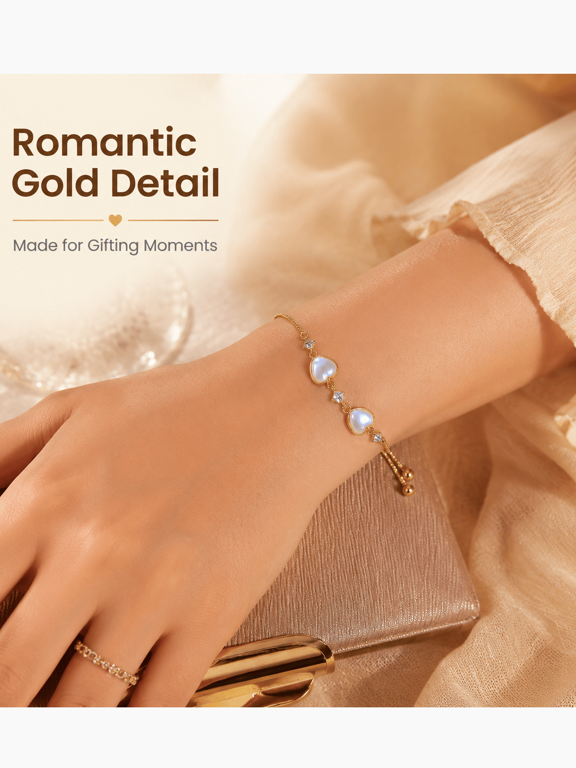 Heart Moonstone Slider Adjustable Bracelet