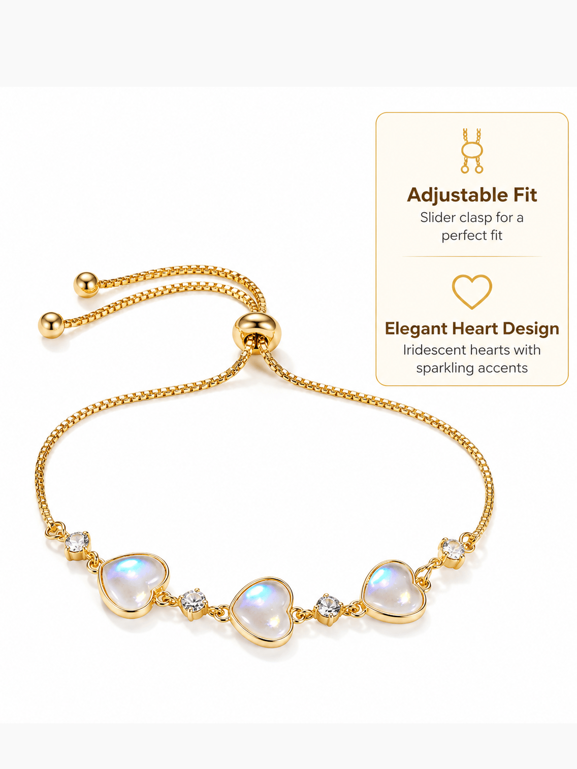 Heart Moonstone Slider Adjustable Bracelet