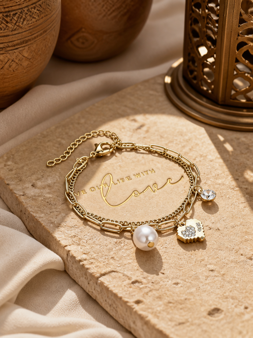 Double Layer Pearl Heart Charm Bracelet