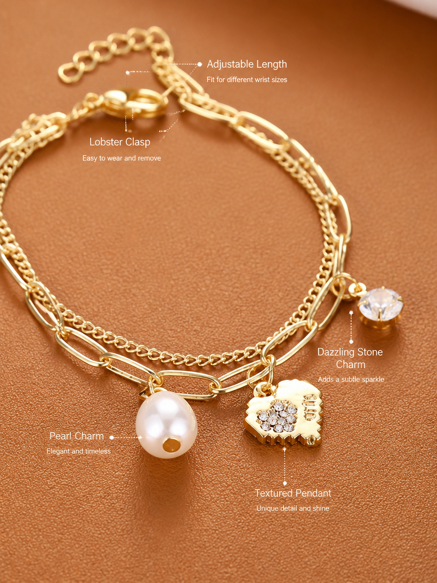 Double Layer Pearl Heart Charm Bracelet