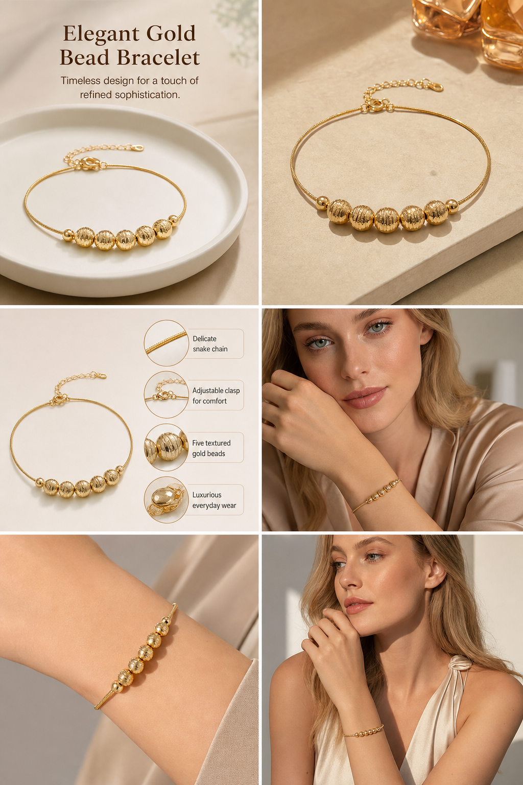 Textured Gold Bead Snake Chain Bracelet