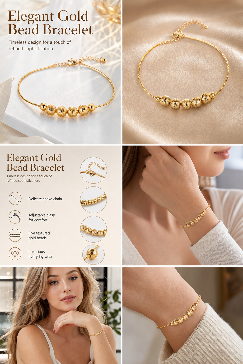Textured Gold Bead Snake Chain Bracelet