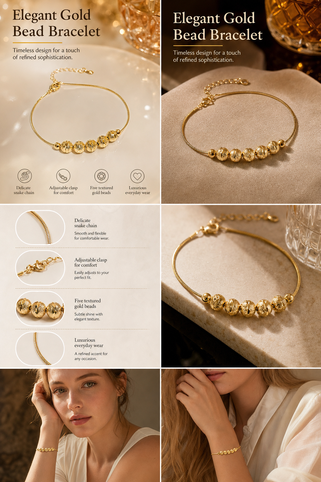 Textured Gold Bead Snake Chain Bracelet