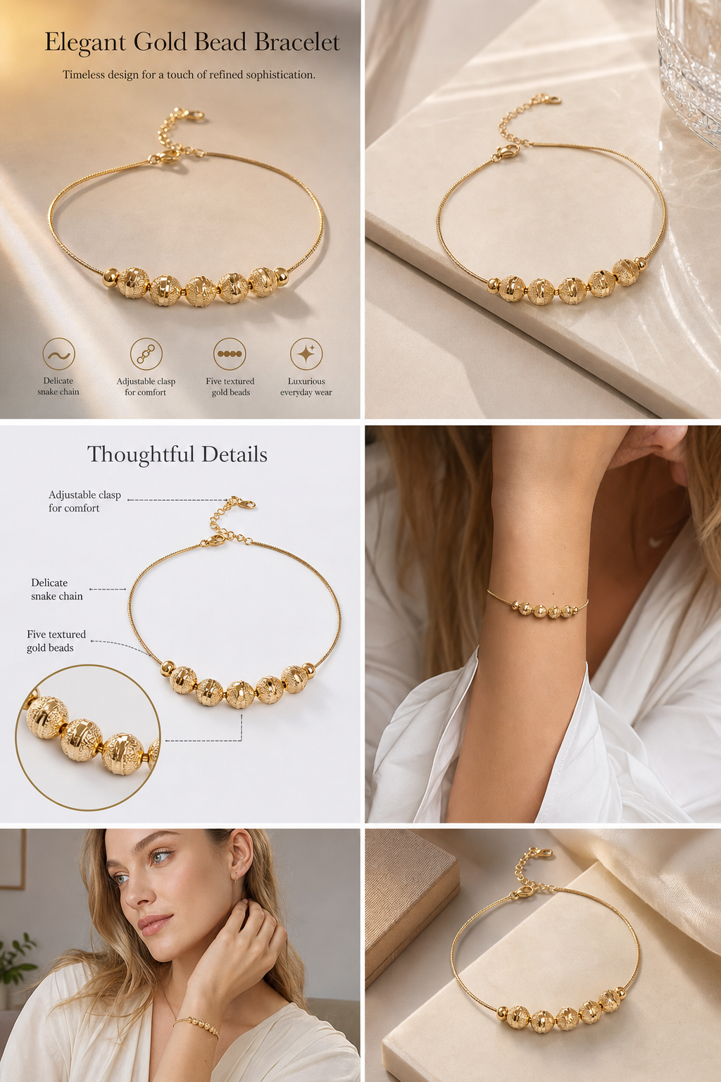 Textured Gold Bead Snake Chain Bracelet