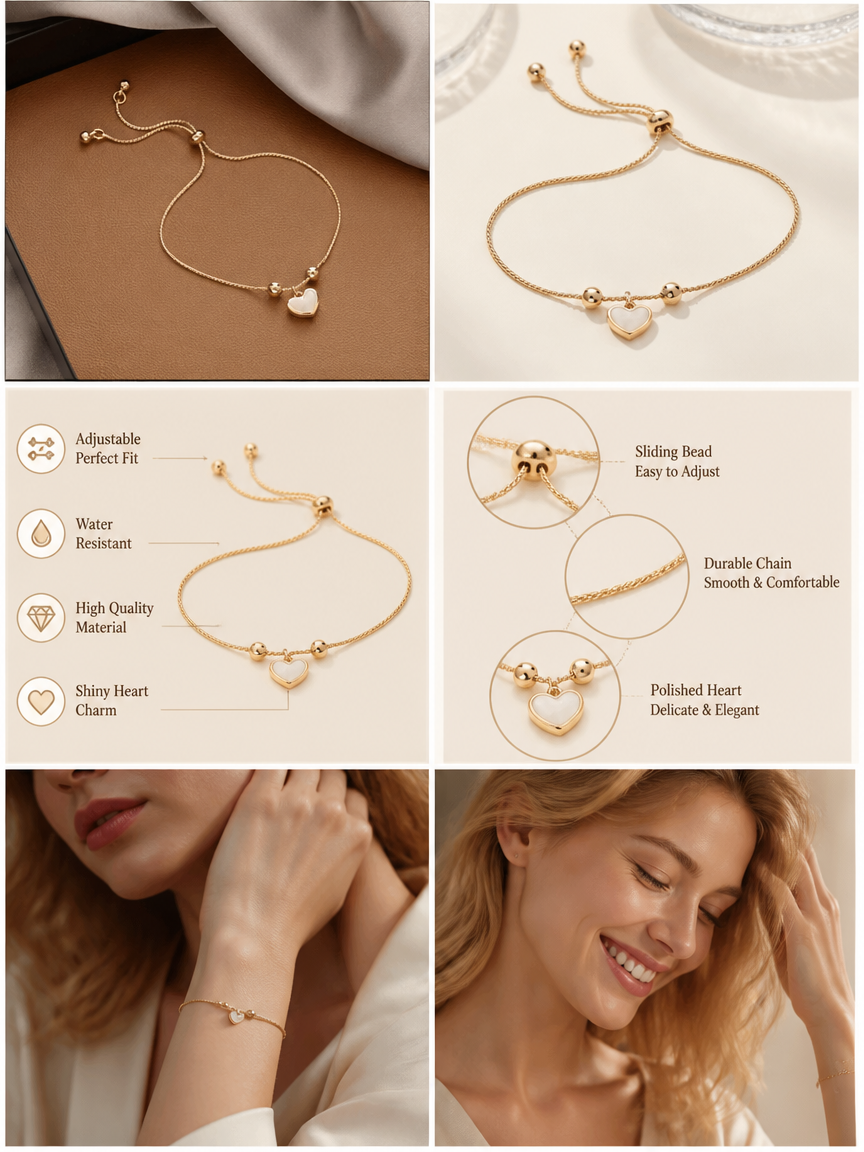 Shell Heart Slider Adjustable Bracelet