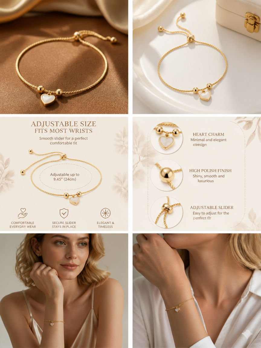 Shell Heart Slider Adjustable Bracelet