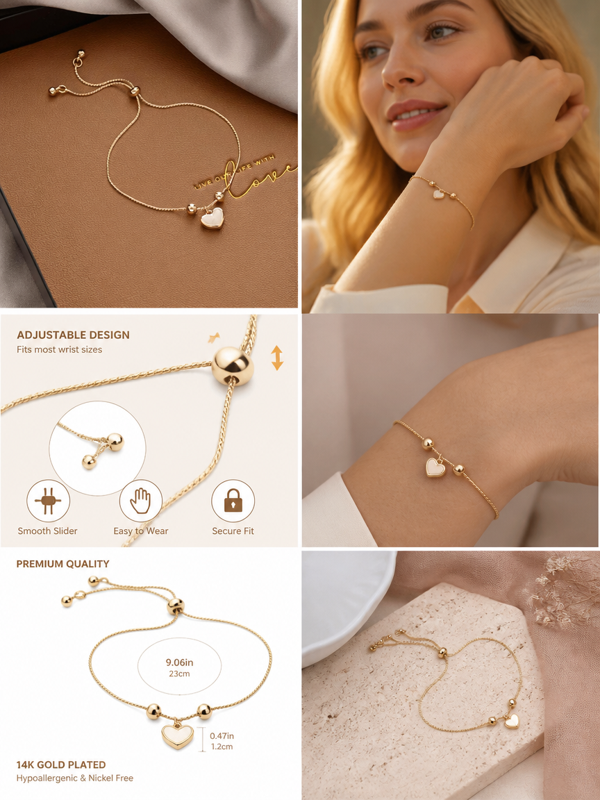 Shell Heart Slider Adjustable Bracelet