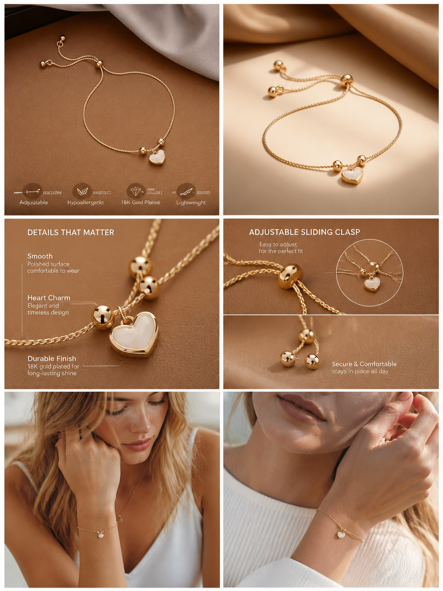 Shell Heart Slider Adjustable Bracelet