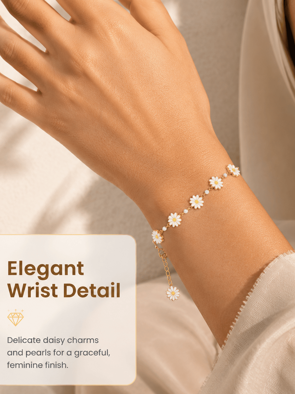 Daisy Flower Pearl Charm Bracelet