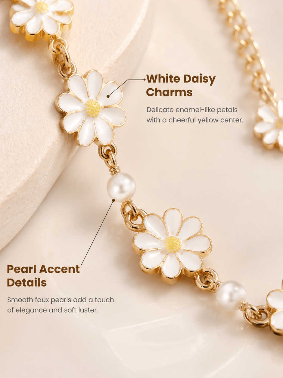 Daisy Flower Pearl Charm Bracelet