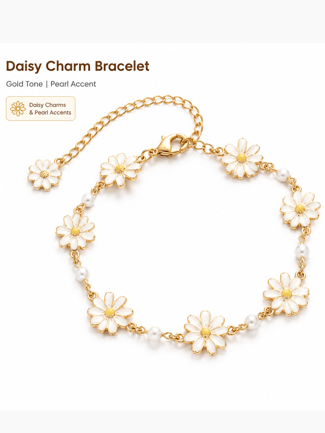 Daisy Flower Pearl Charm Bracelet