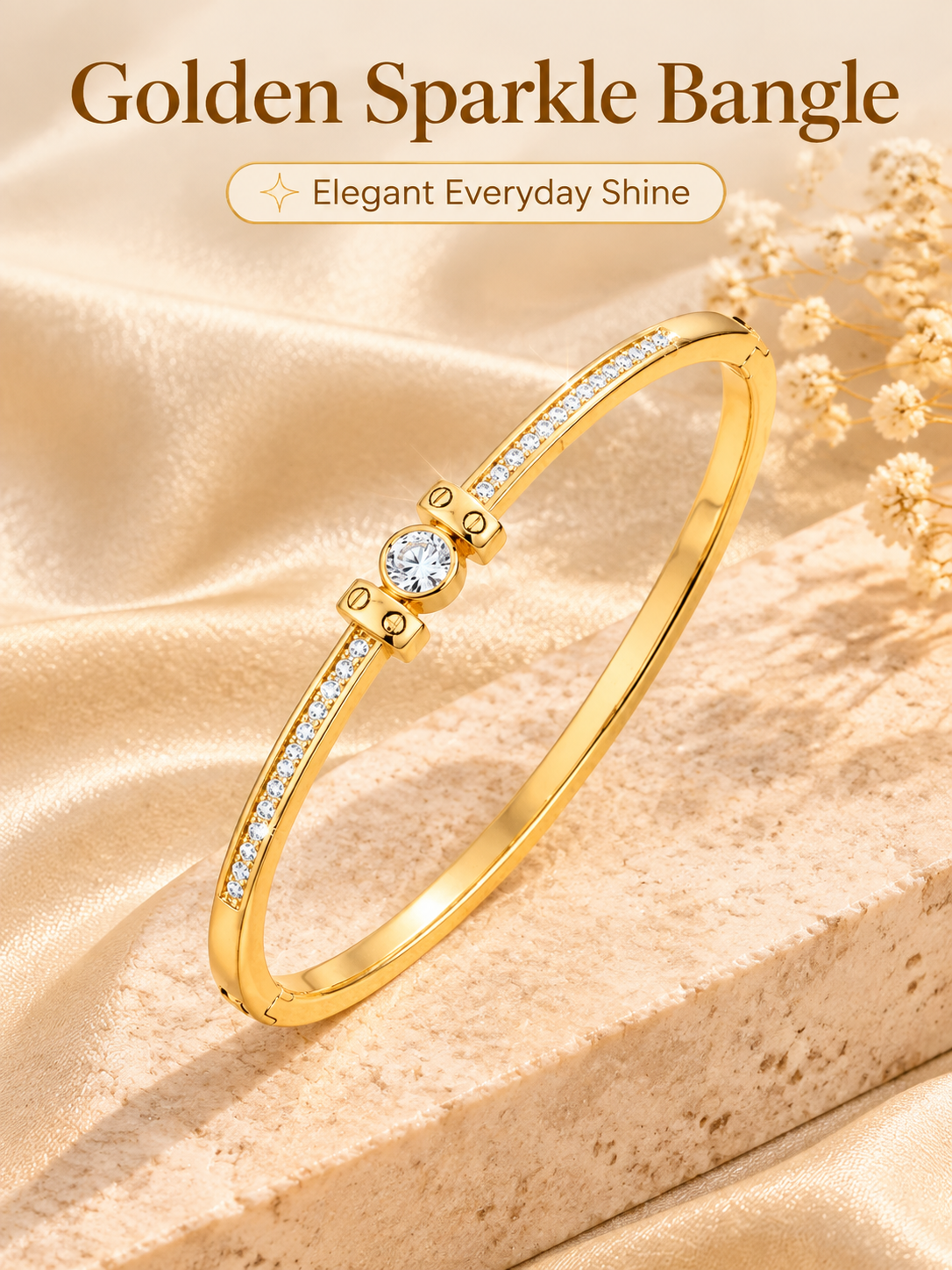 Center Stone With Side Paved Zircon Hinged Bangle Bracelet
