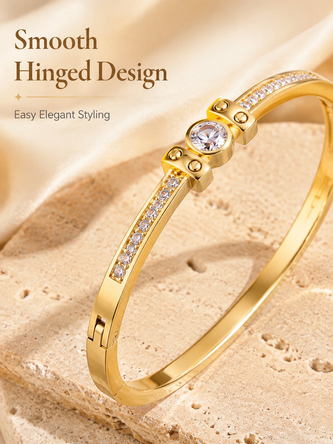 Center Stone With Side Paved Zircon Hinged Bangle Bracelet