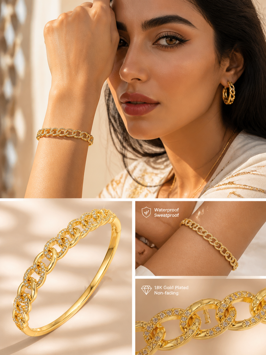 Cuban Link Zircon 18K Gold Plated Bangle Bracelet