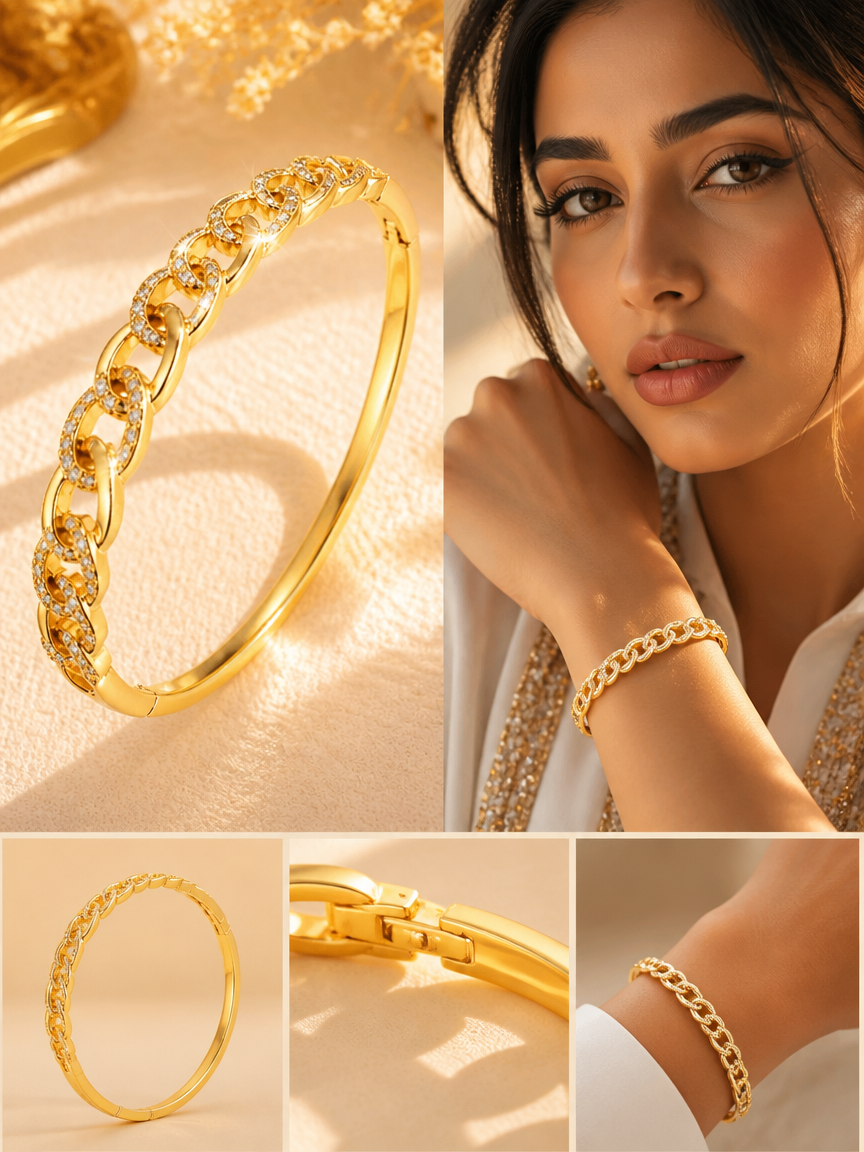 Cuban Link Zircon 18K Gold Plated Bangle Bracelet
