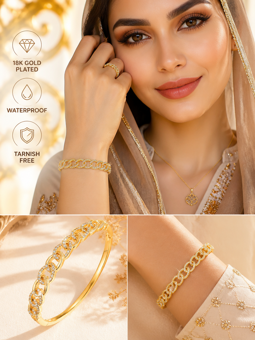 Cuban Link Zircon 18K Gold Plated Bangle Bracelet