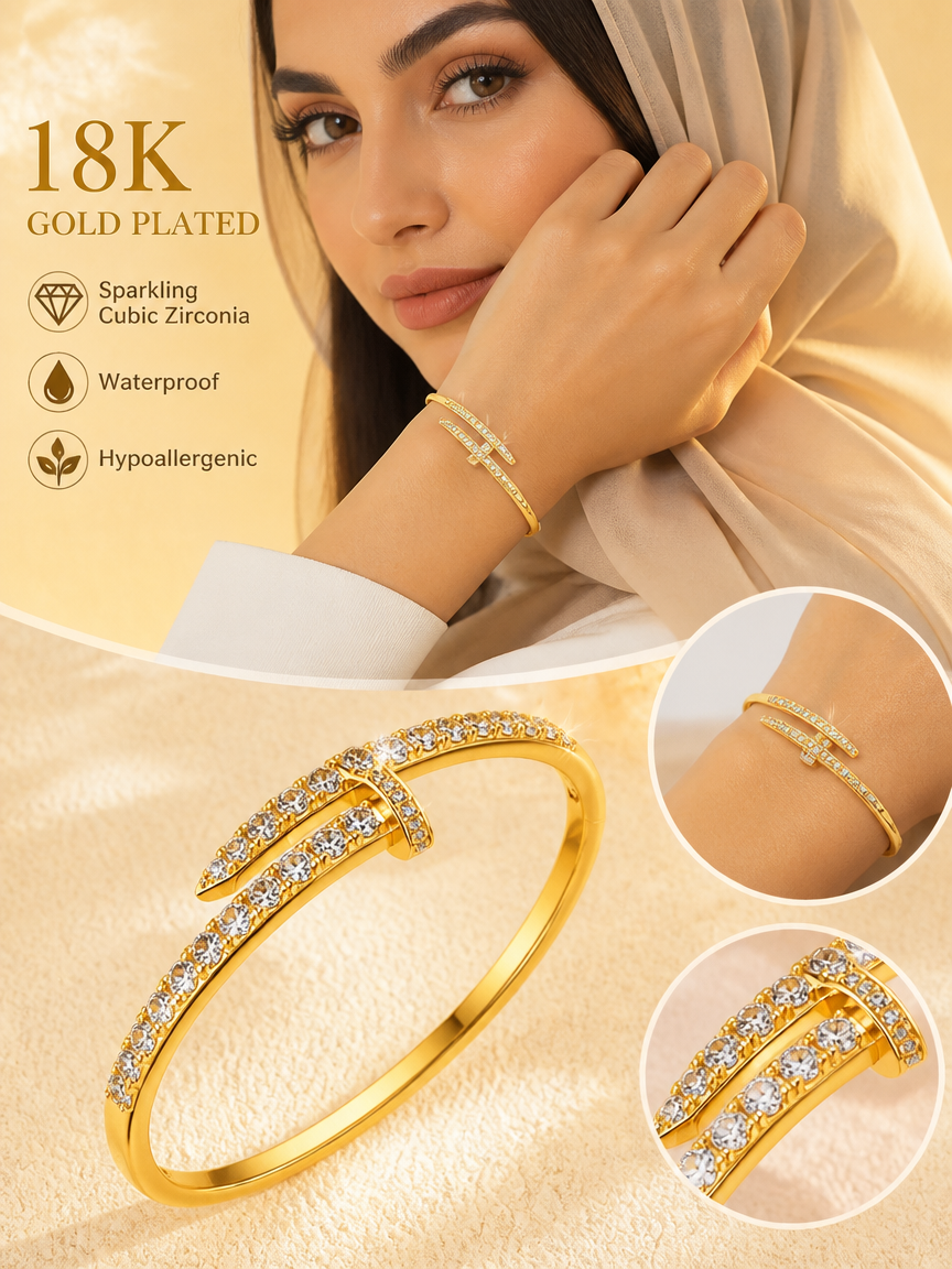 Zircon 18K Gold Plated Hinged Bangle Bracelet