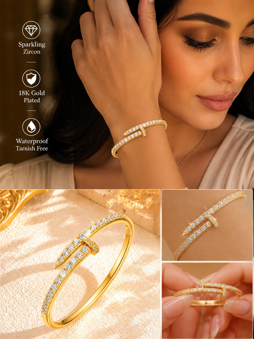 Zircon 18K Gold Plated Hinged Bangle Bracelet