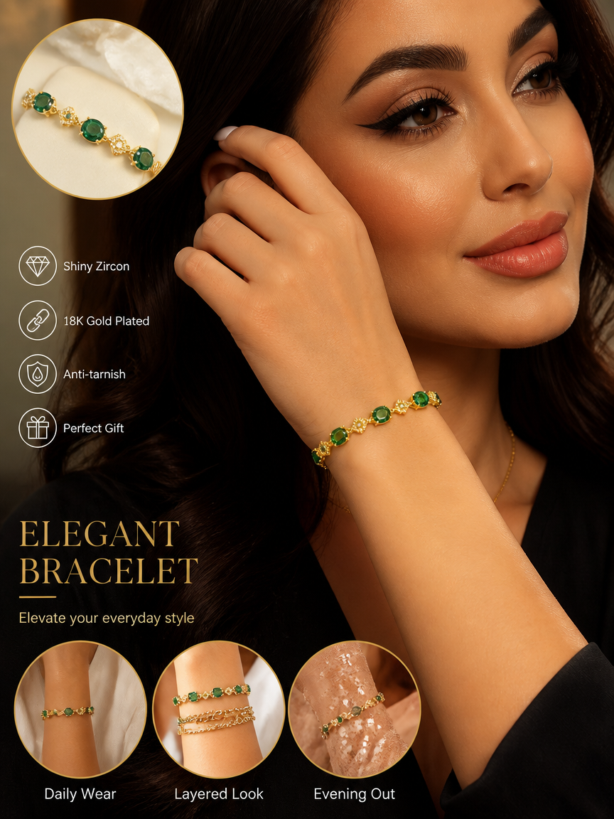 Green Oval Zircon 18K Gold Plated Chain Bracelet