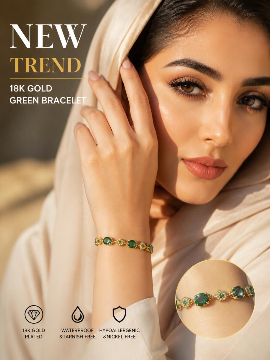 Green Oval Zircon 18K Gold Plated Chain Bracelet