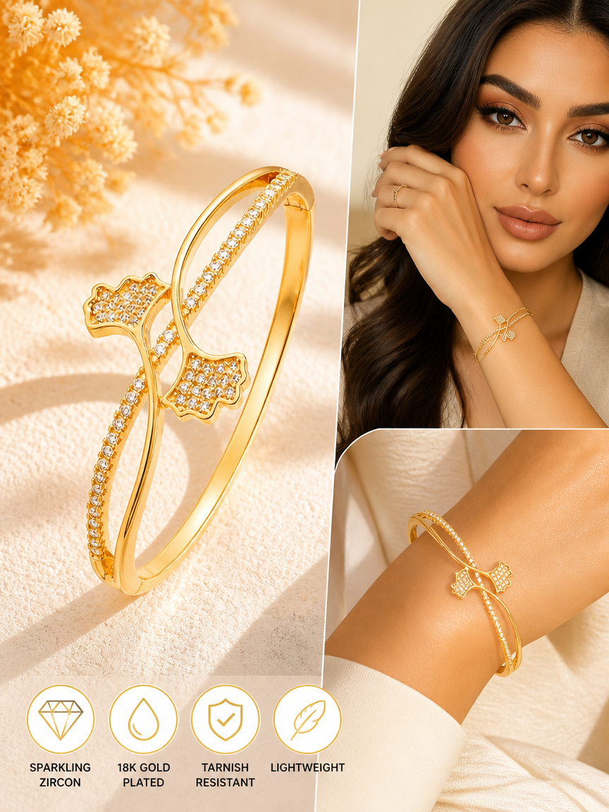 Ginkgo Leaf Full Zircon Open Adjustable Bangle Bracelet