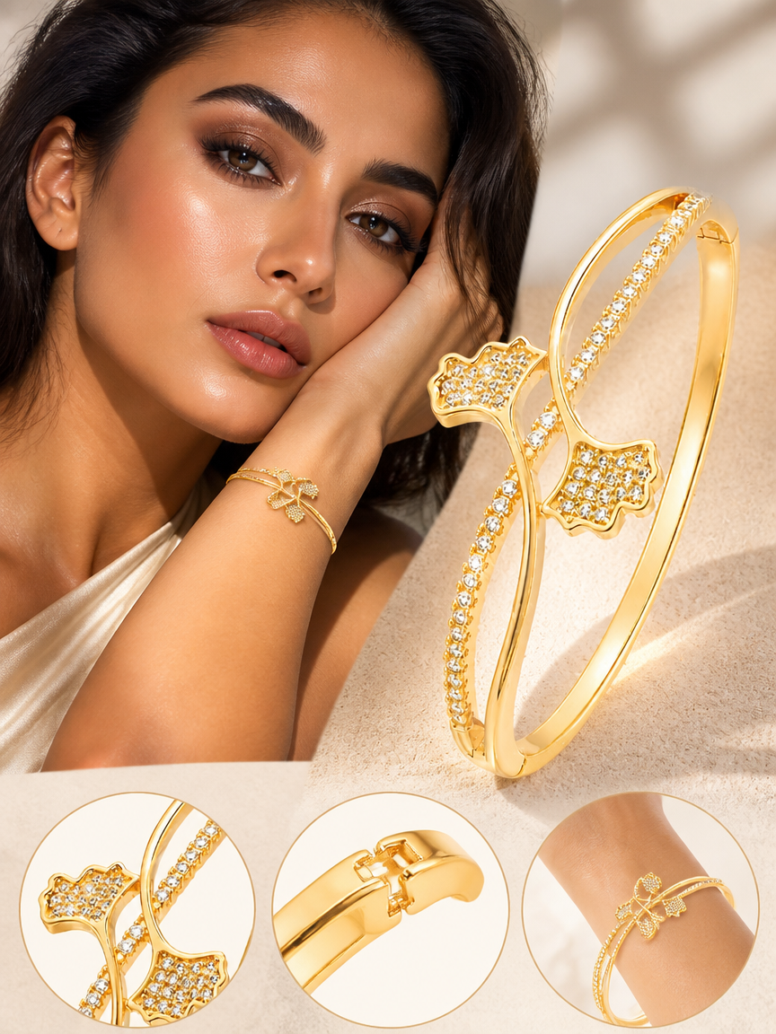 Ginkgo Leaf Full Zircon Open Adjustable Bangle Bracelet