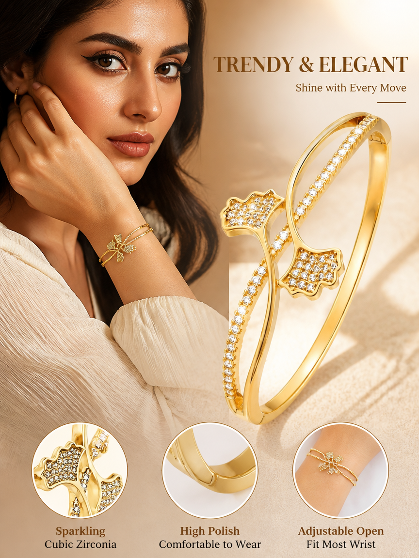 Ginkgo Leaf Full Zircon Open Adjustable Bangle Bracelet