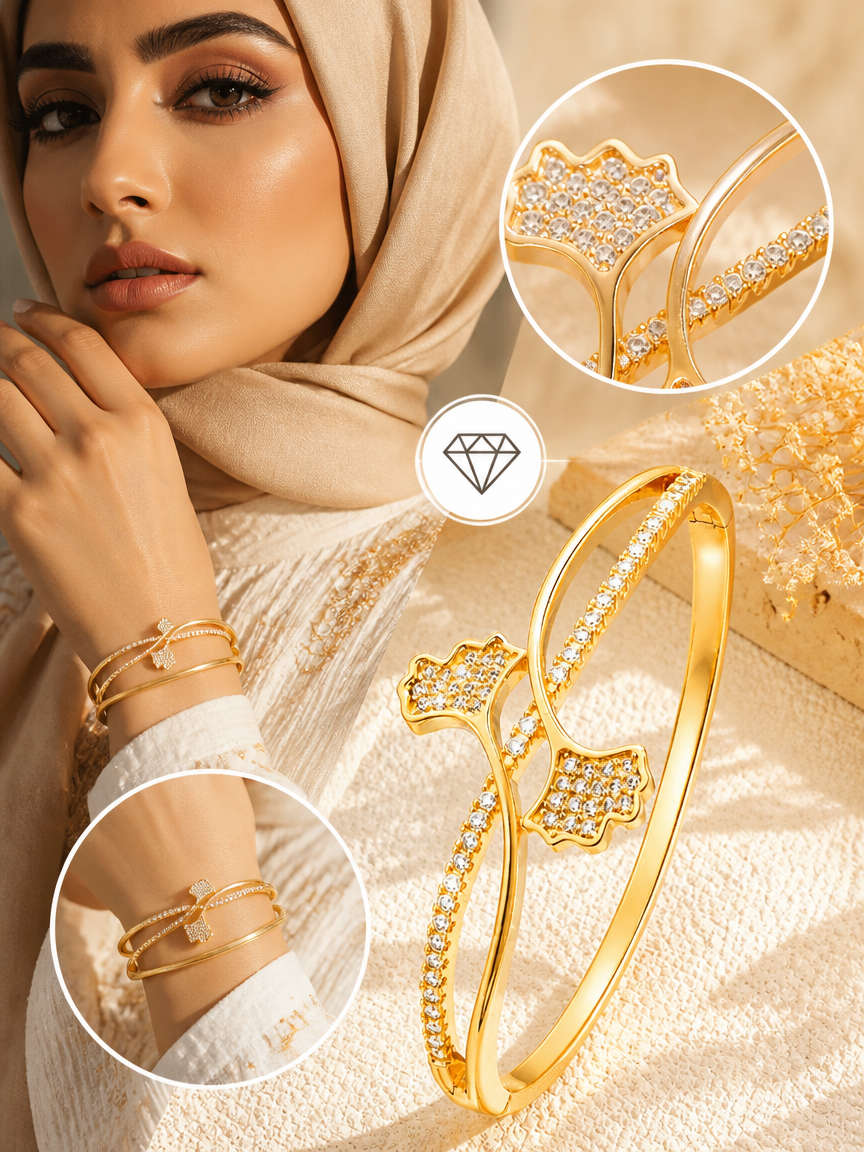 Ginkgo Leaf Full Zircon Open Adjustable Bangle Bracelet