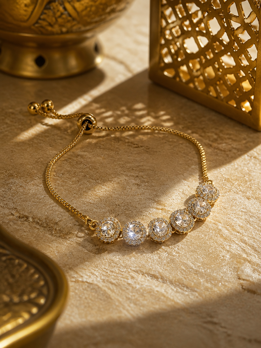Five Round Halo Zircon Adjustable Gold Thin Bracelet