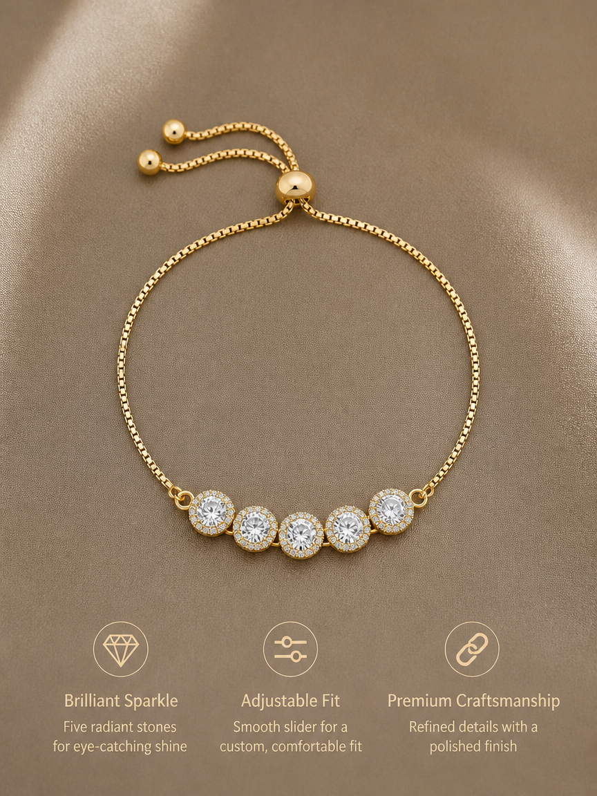 Five Round Halo Zircon Adjustable Gold Thin Bracelet