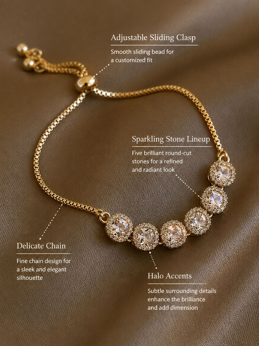 Five Round Halo Zircon Adjustable Gold Thin Bracelet
