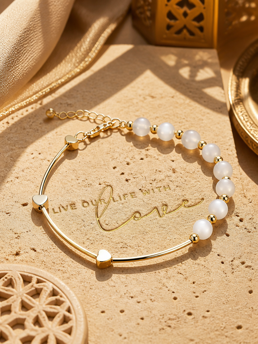 Jade Bead Heart-Shape Curved Tube Lobster Clasp Adjustable Bracelet