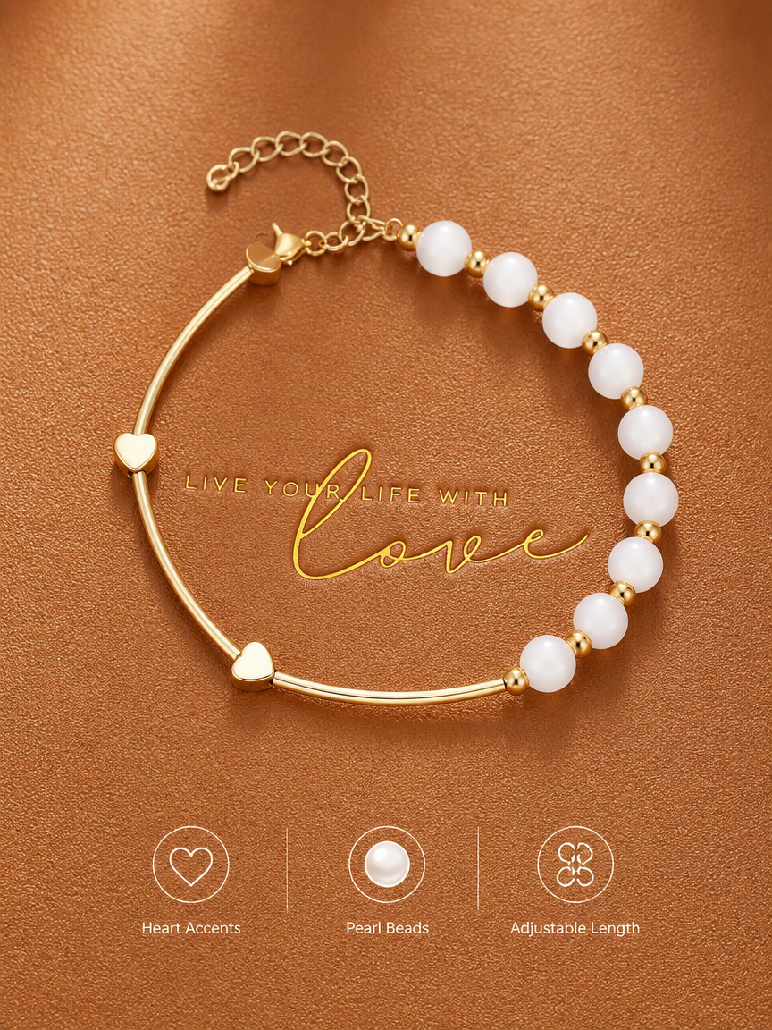 Jade Bead Heart-Shape Curved Tube Lobster Clasp Adjustable Bracelet