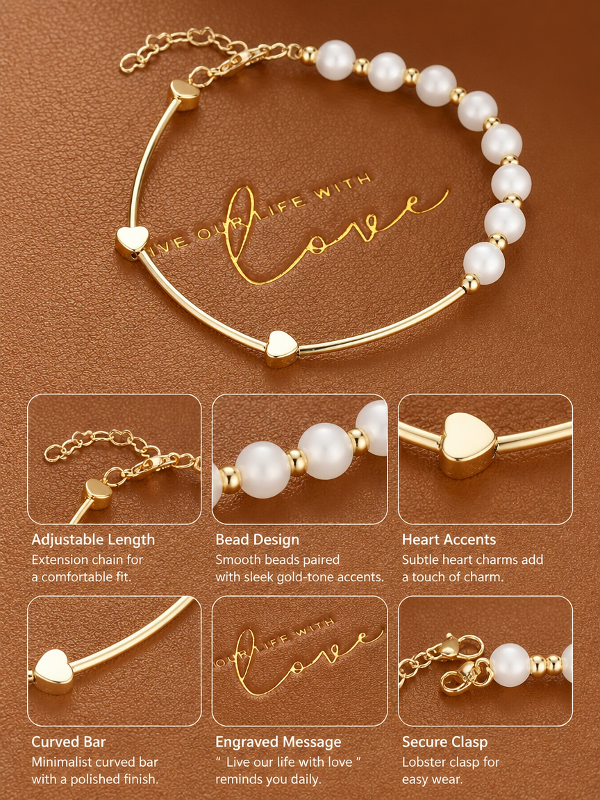 Jade Bead Heart-Shape Curved Tube Lobster Clasp Adjustable Bracelet