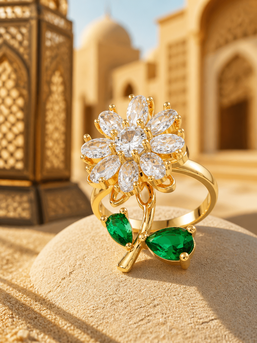 Gold Plated Flower Ring with Zircon and Emerald Accents