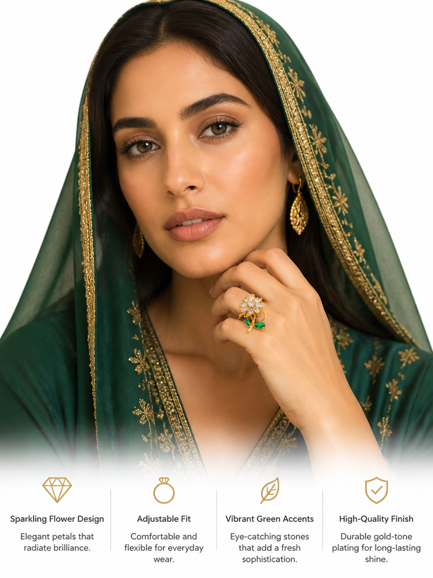 Gold Plated Flower Ring with Zircon and Emerald Accents