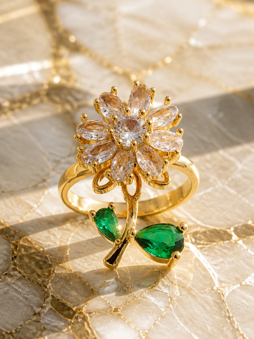 Gold Plated Flower Ring with Zircon and Emerald Accents