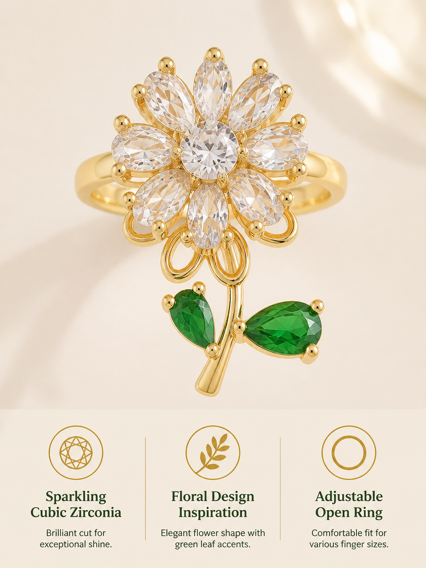 Gold Plated Flower Ring with Zircon and Emerald Accents