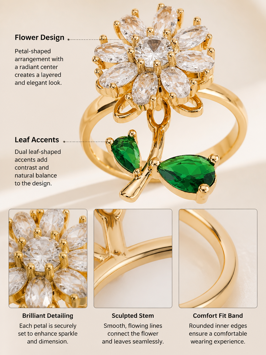 Gold Plated Flower Ring with Zircon and Emerald Accents