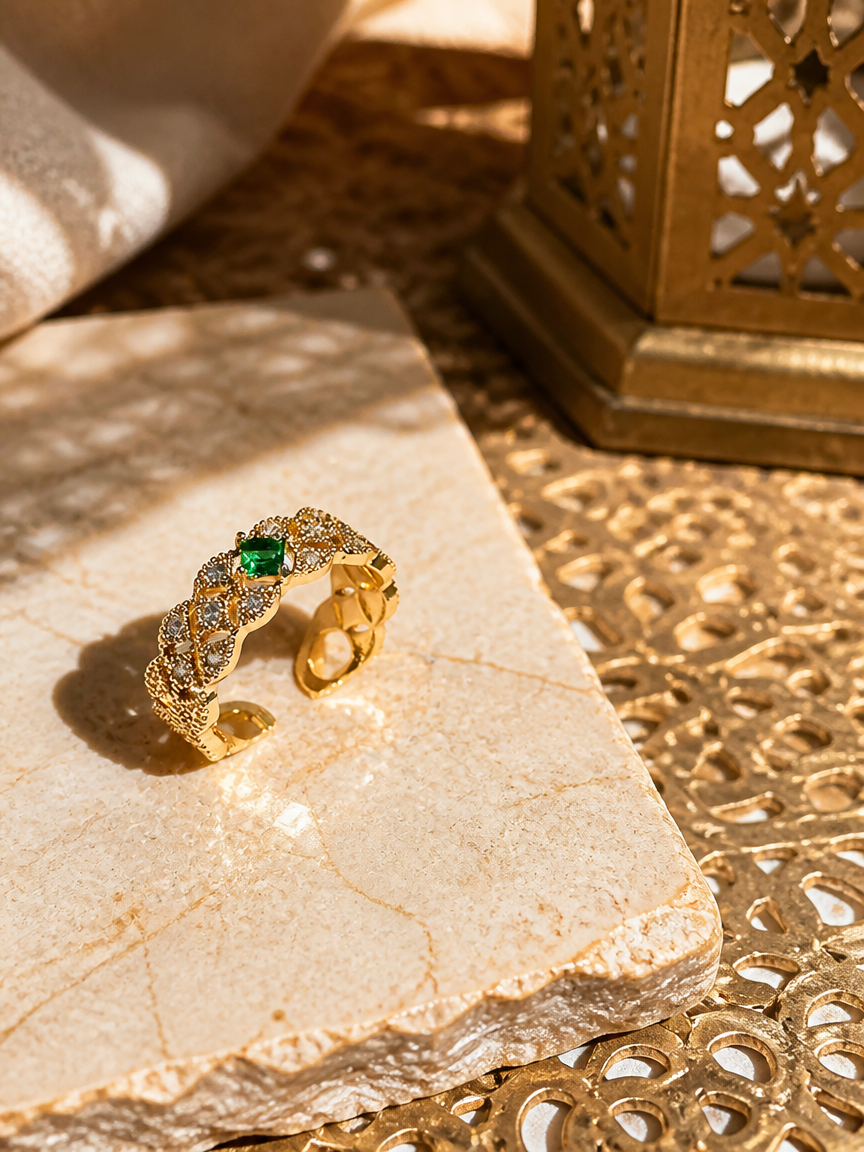 Gold Plated Emerald and Zircon Open Ring