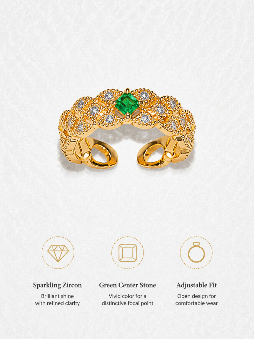 Gold Plated Emerald and Zircon Open Ring