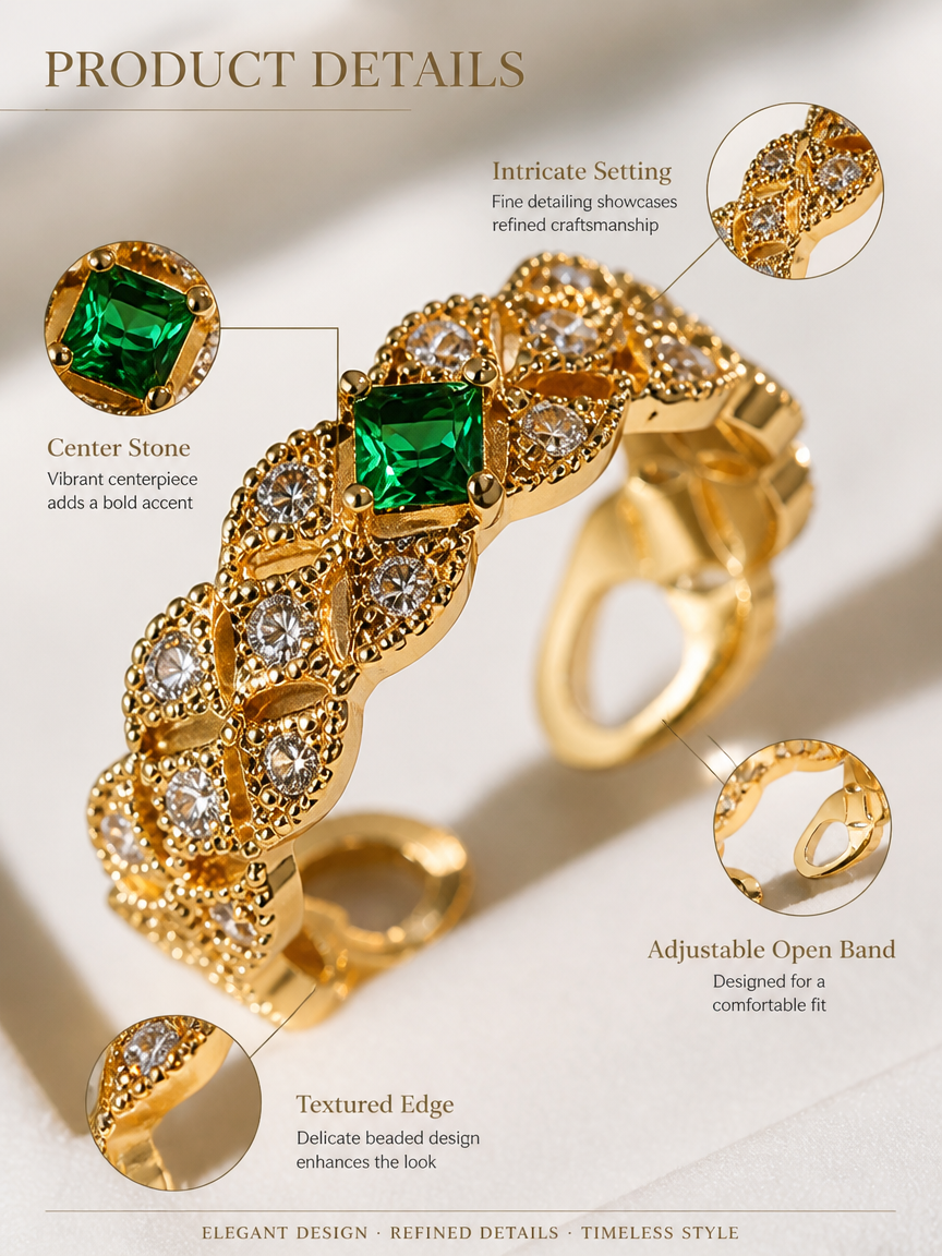 Gold Plated Emerald and Zircon Open Ring