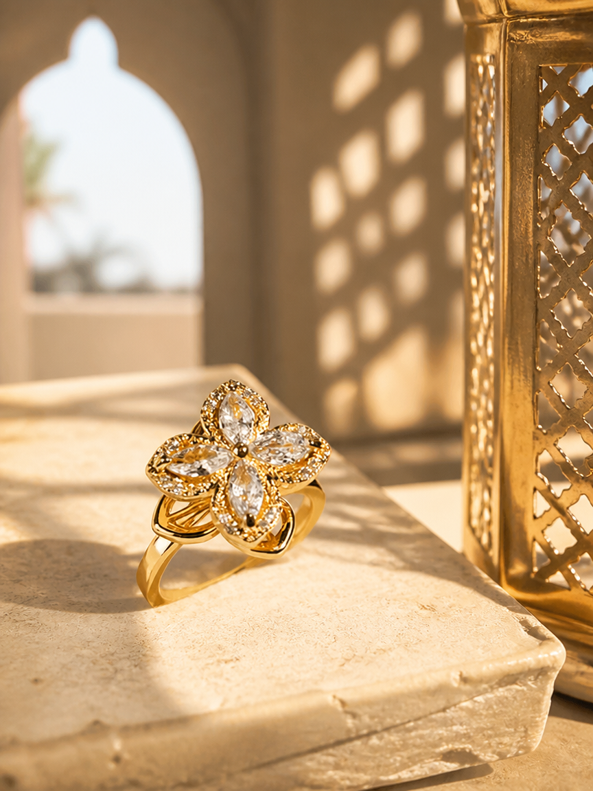 Golden Flower Petal Ring with Zircon Stones