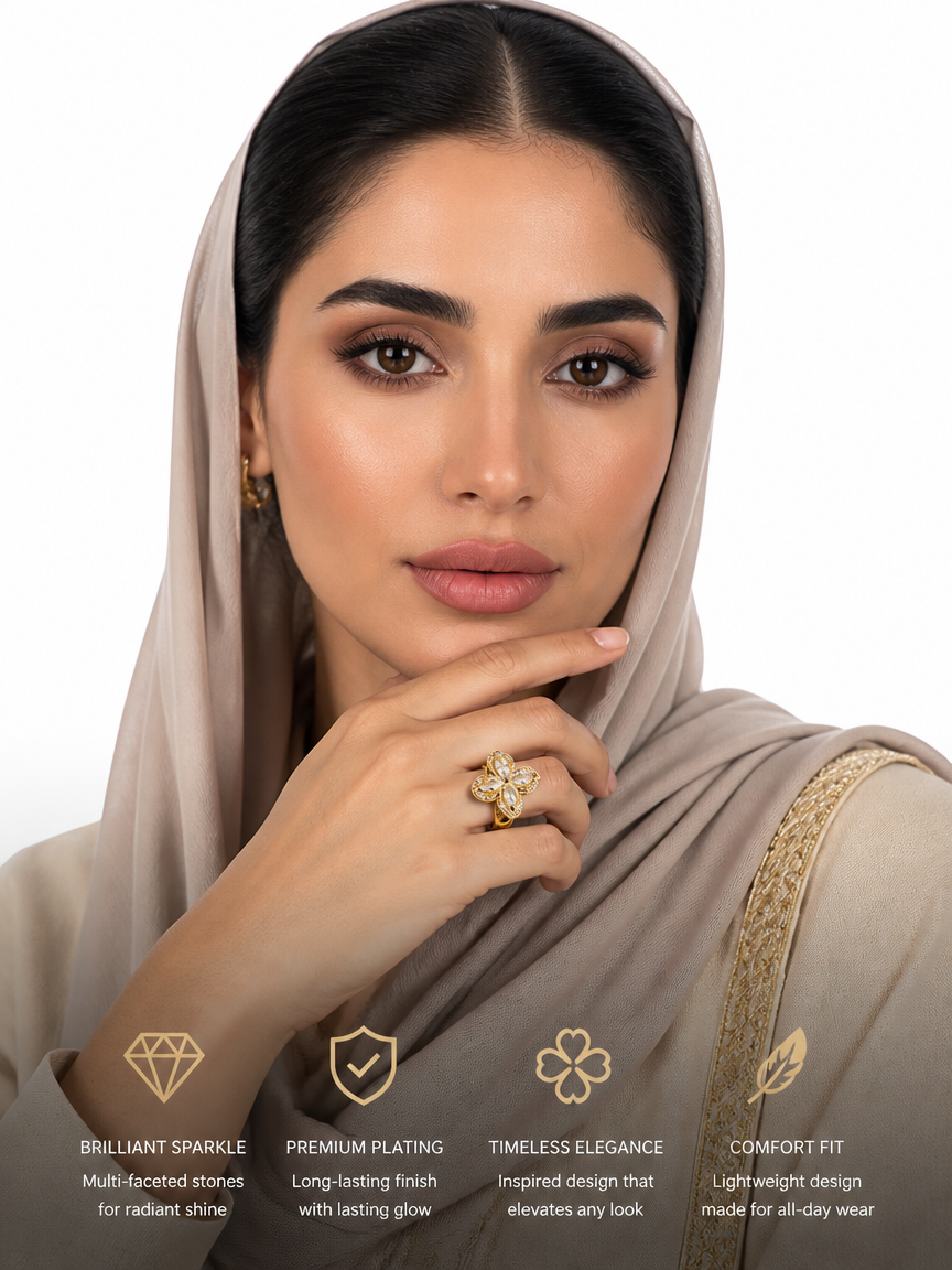Golden Flower Petal Ring with Zircon Stones
