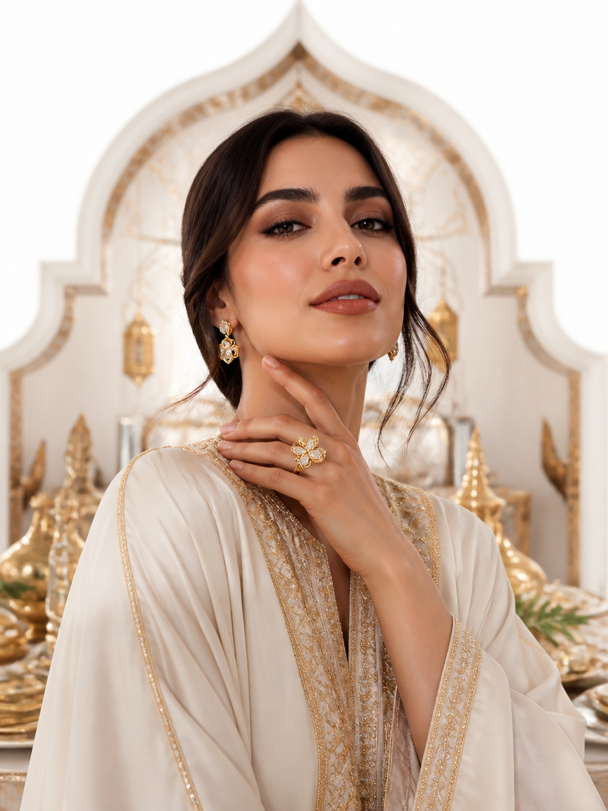 Golden Flower Petal Ring with Zircon Stones
