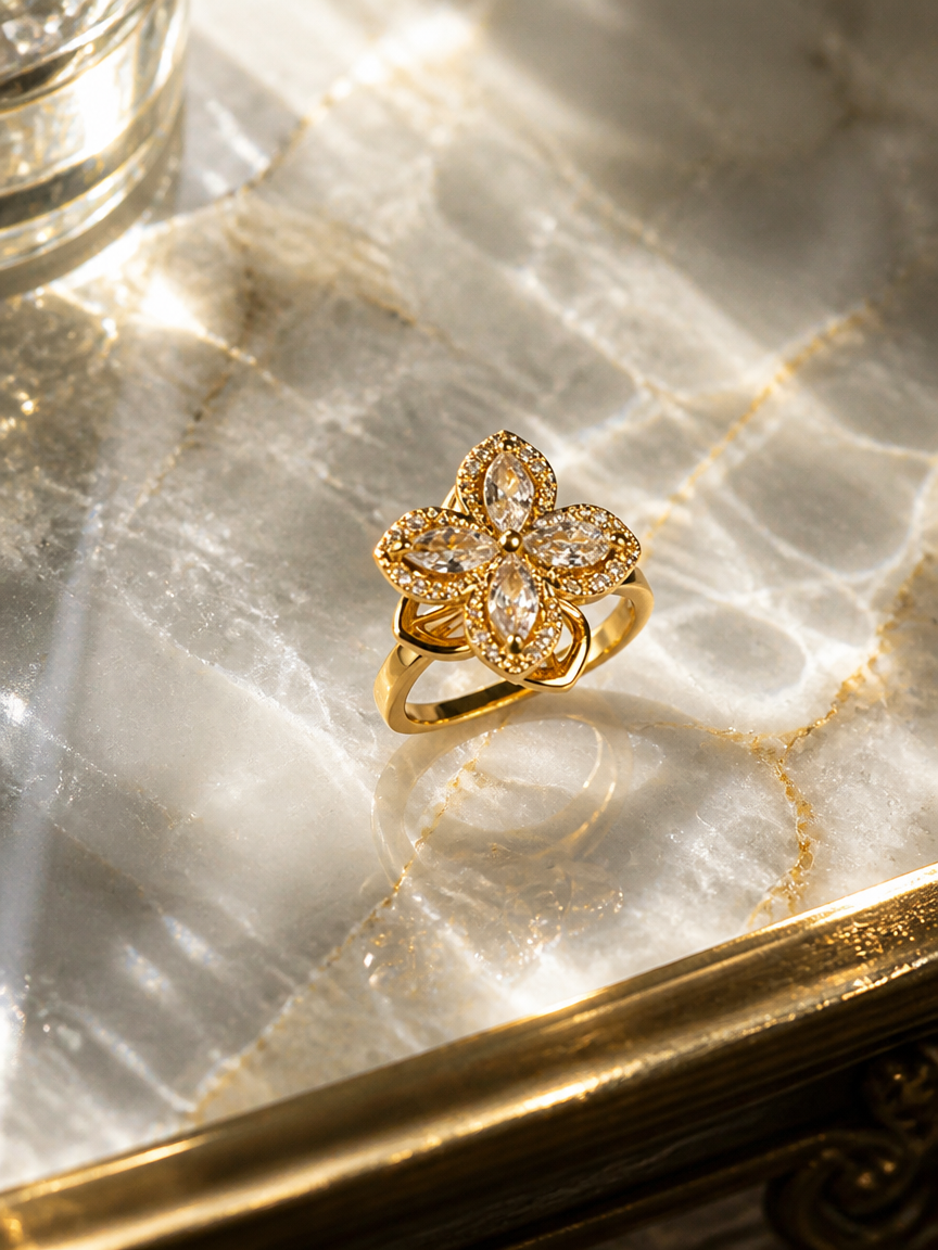 Golden Flower Petal Ring with Zircon Stones