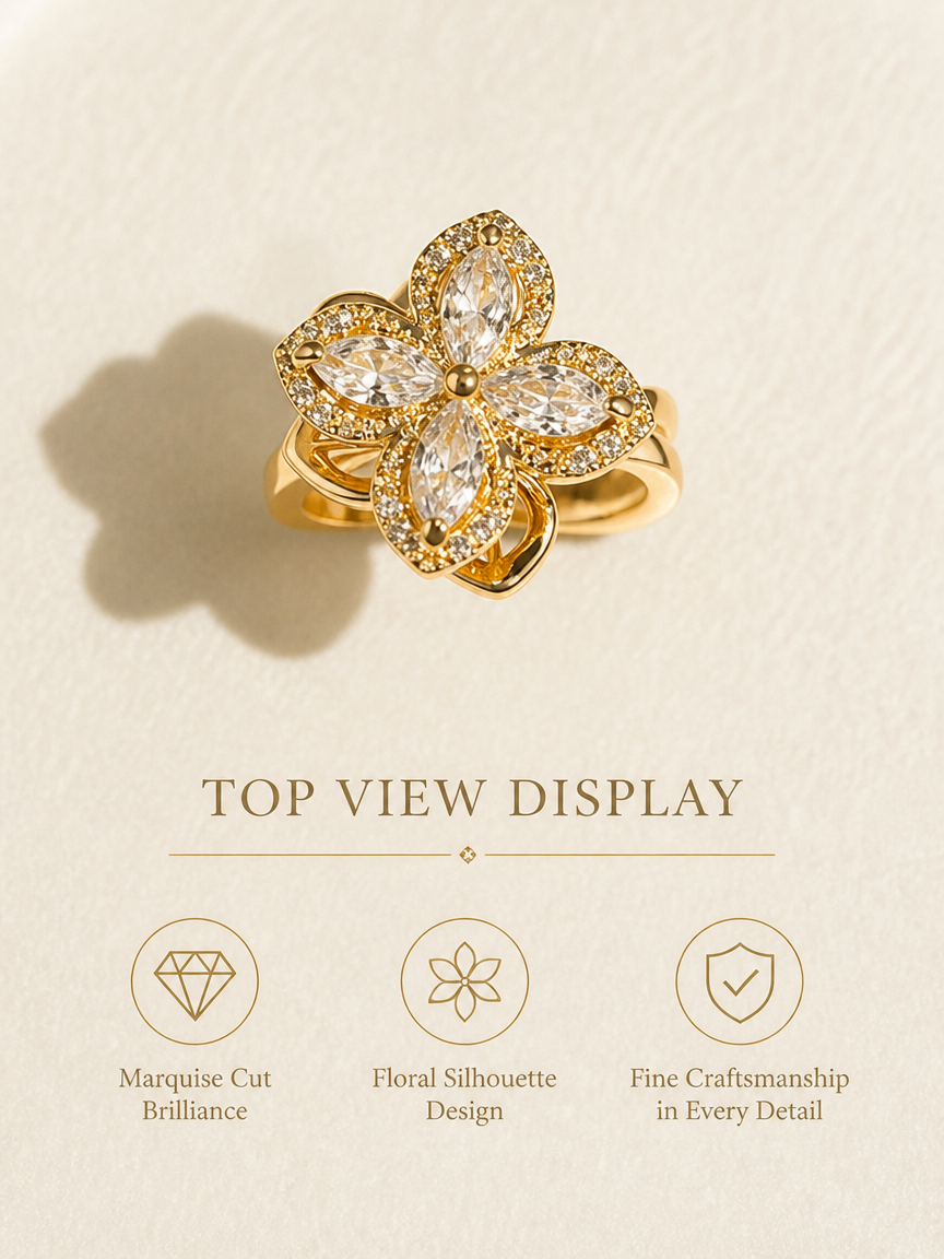 Golden Flower Petal Ring with Zircon Stones