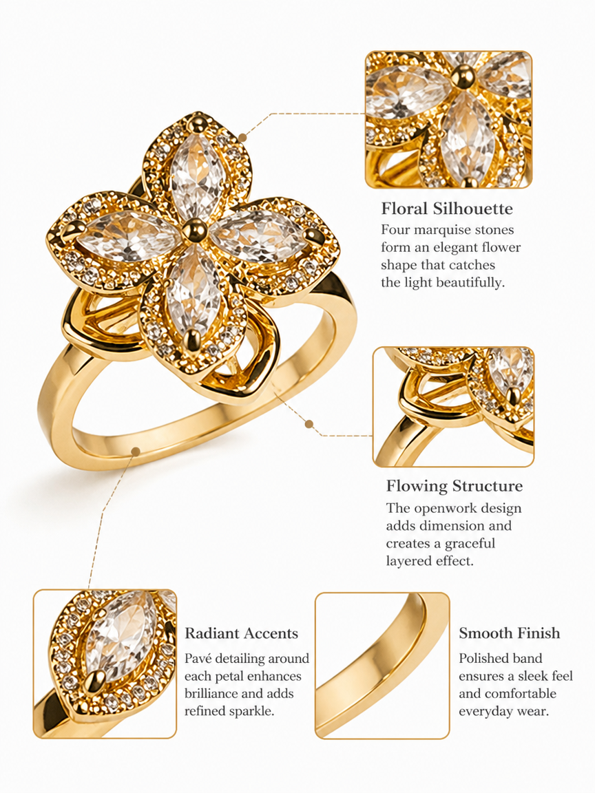 Golden Flower Petal Ring with Zircon Stones