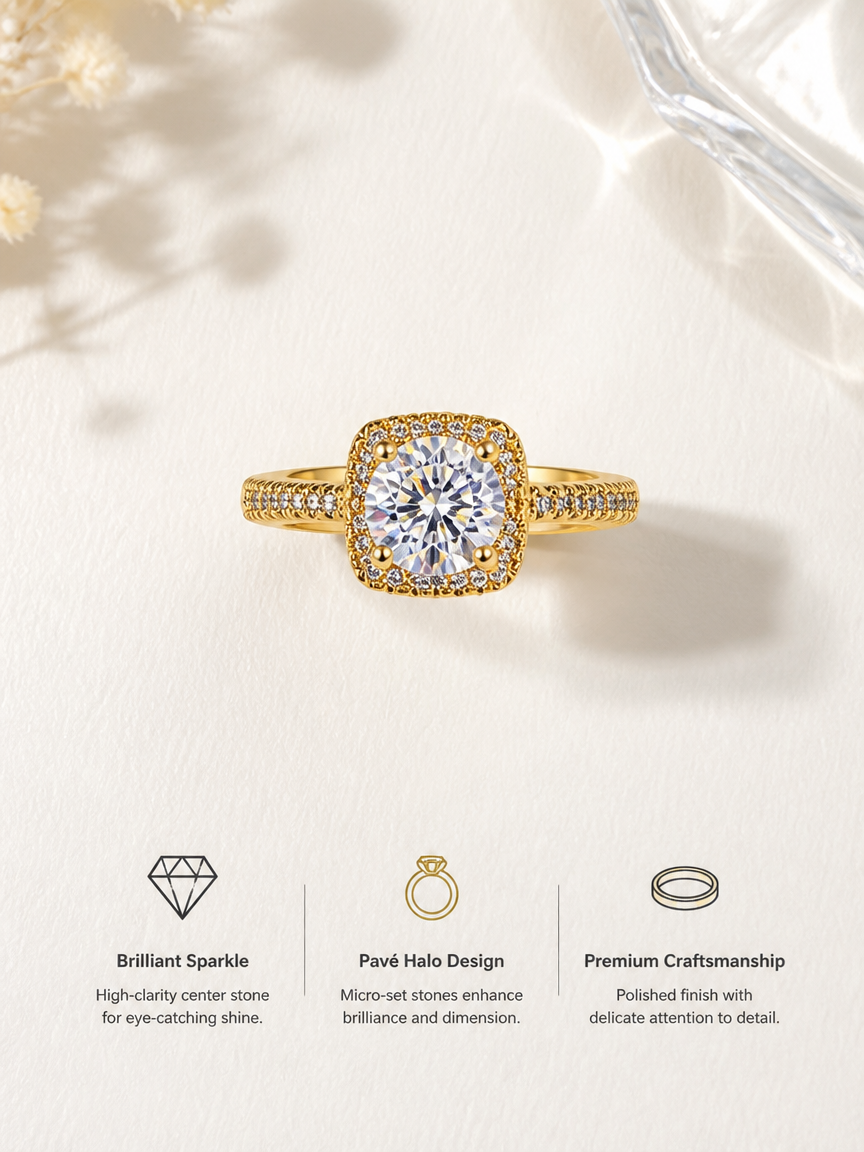 Golden Halo Zircon Ring